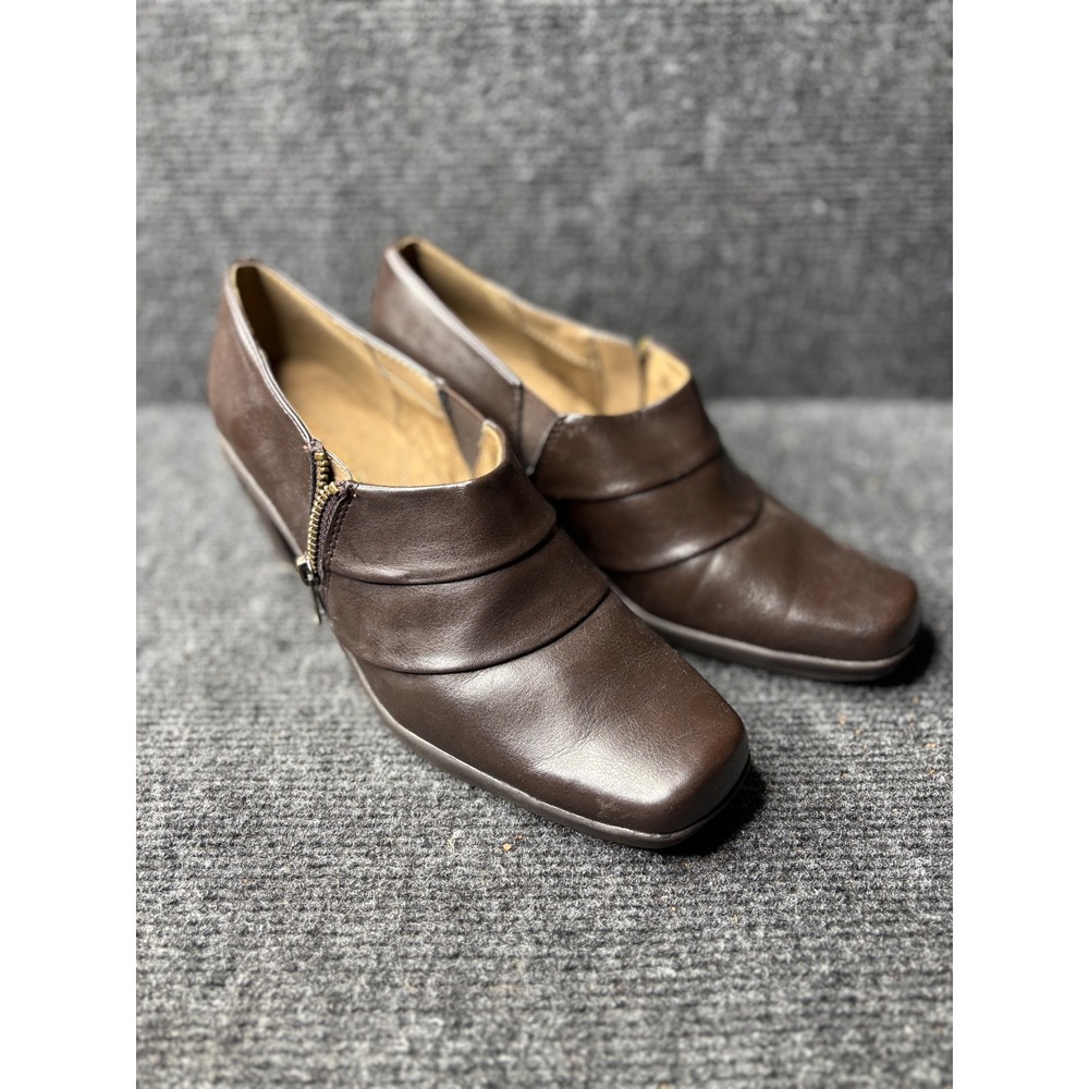 Aerosoles Brown Leather Ruched Square Toe Ankle Booties US 7.5 Zip Up Block Heel